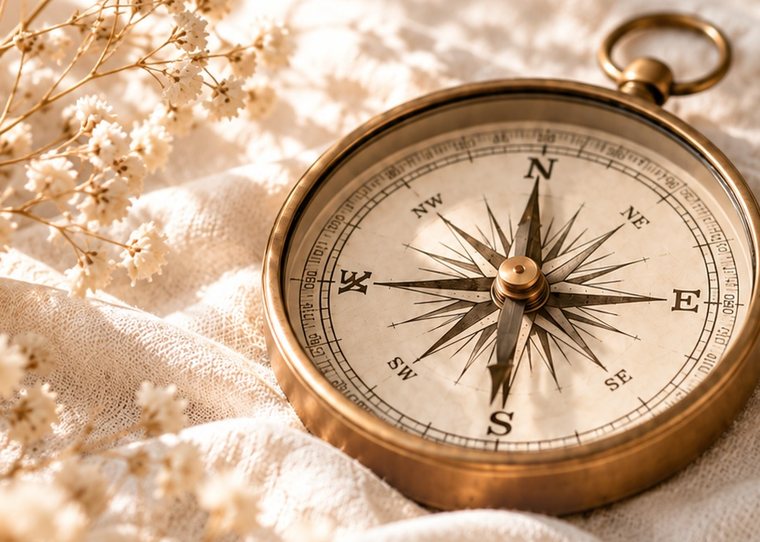 Antique brass compass resting on linen