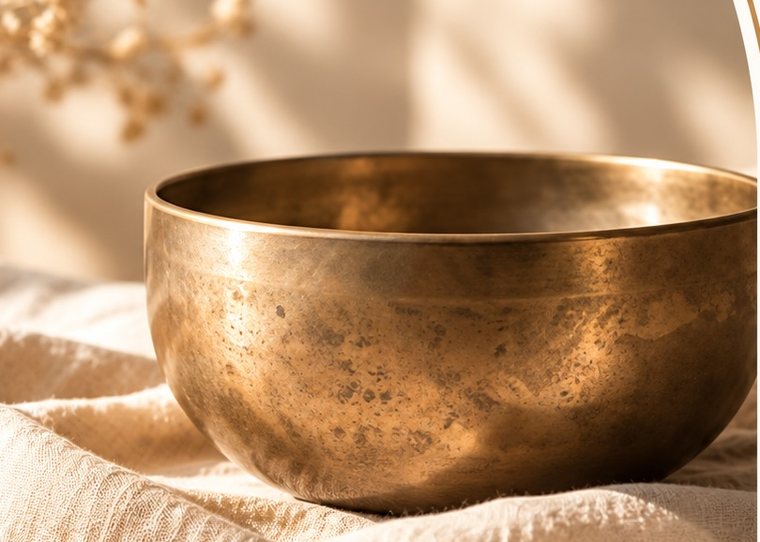 Brass singing bowl on linen beside dried flowers